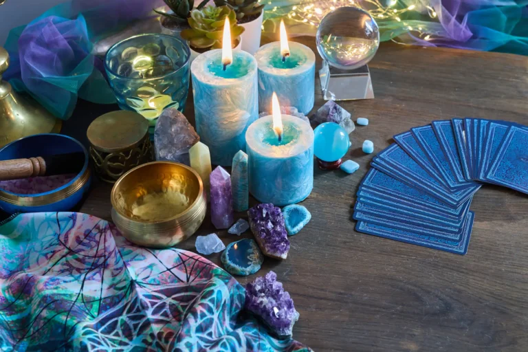 A table full of objects and items for psychic reading.